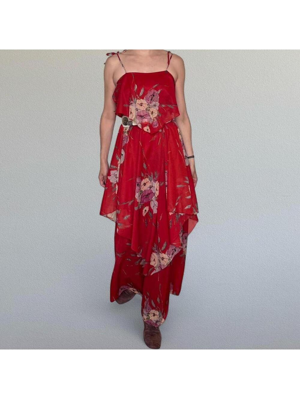 Vintage 70s floral handkerchief maxi dress Sz 3/4 - Picture 2 of 8